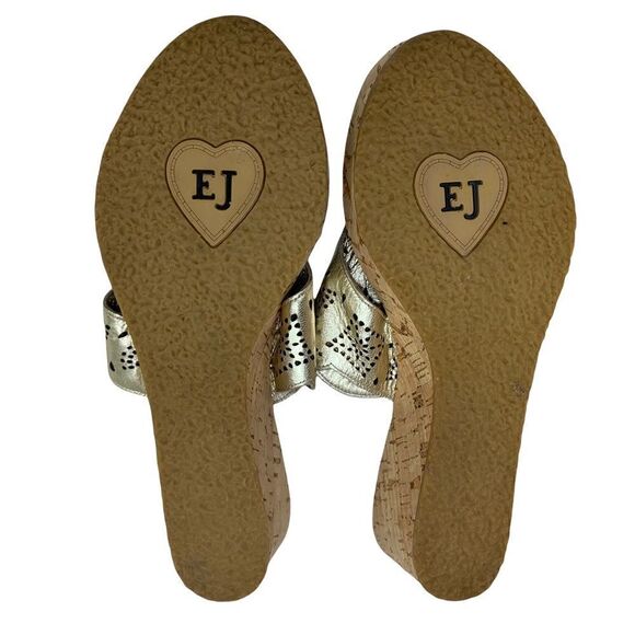 Eric Javits Gold Leather with Cutouts Cork Wedge Thong Sandals 10 NARROW - Picture 6 of 11